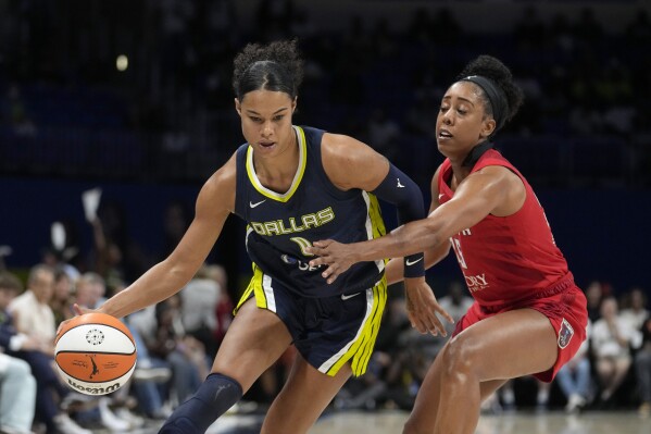 Dallas Wings forward Satou Sabally (0) works to the basket againt Atlanta Dream forward Monique Billings (25) during the second half of Game 2 of a first-round WNBA basketball playoff series Tuesday, Sept. 19, 2023, in Arlington, Texas. (AP Photo/Tony Gutierrez)