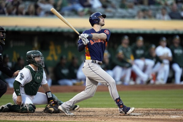 Houston Astros' Kyle Tucker, right, watches his two-run home run during the fifth inning of a baseball game against the Oakland Athletics, Friday, July 21, 2023, in Oakland, Calif. (AP Photo/Godofredo A. Vásquez)