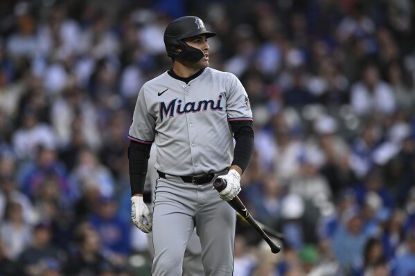 Miami Marlins' Matt Mervis reacts after striking out during the second inning of a baseball game against the Chicago Cubs, Monday, May 12, 2025, in Chicago. (AP Photo/Paul Beaty)
