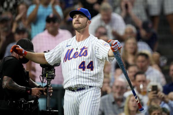 National League's Pete Alonso, of the New York Mets, reacts during the second round of the MLB All Star baseball Home Run Derby, Monday, July 12, 2021, in Denver. (AP Photo/David Zalubowski)
