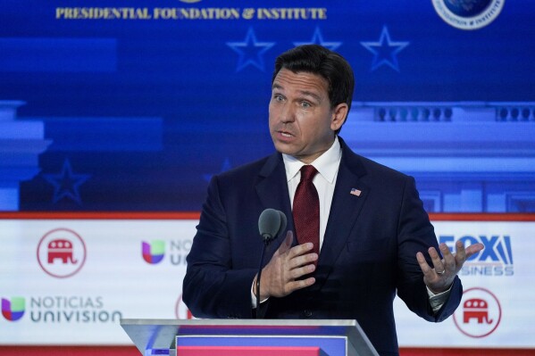 FILE - Florida Gov. Ron DeSantis speaks during a Republican presidential primary debate hosted by FOX Business Network and Univision, Wednesday, Sept. 27, 2023, at the Ronald Reagan Presidential Library in Simi Valley, Calif. (AP Photo/Mark J. Terrill, File)