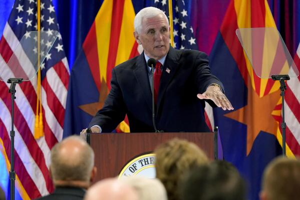 Former Vice President Mike Pence speaks on border security following a border tour, Monday, June 13, 2022, in Phoenix. (AP Photo/Matt York)