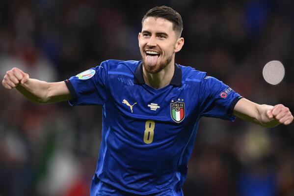 Italy's Jorginho celebrates after scoring the last penalty kick during the Euro 2020 soccer championship semifinal match against Spain at Wembley stadium in London, England, Tuesday, July 6, 2021. Jorginho converted the decisive penalty kick Tuesday to give Italy a 4-2 shootout win over Spain and a spot in the European Championship final. (Fabio Ferrari/LaPresse via AP)