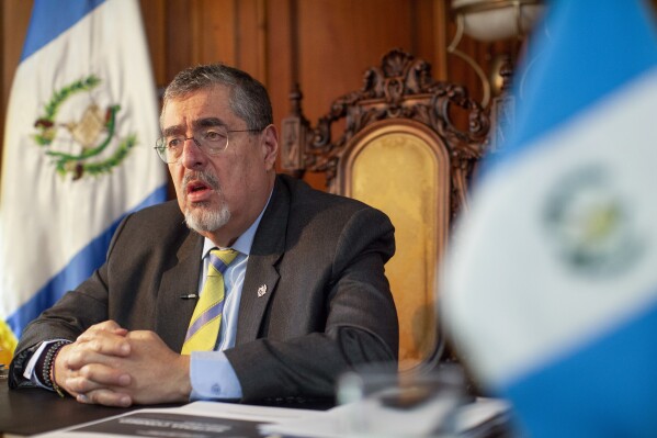 Guatemalan President Bernardo Arévalo gives an interview at his office in the National Palace in Guatemala City, Thursday, Feb. 1, 2024. (AP Photo/Sandra Sebastian)