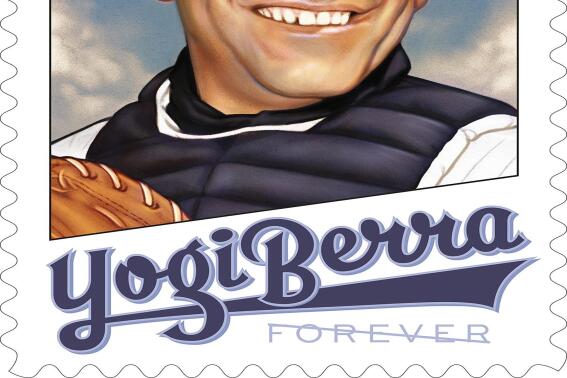 This handout provided by the United States Postal Service shows the Yogi Berra stamp, issued on Thursday, June 24, 2021. “We hope this stamp will serve as a reminder of Yogi’s larger than life personality — both on and off the field,” said Ron A. Bloom, chairman, U.S. Postal Service Board of Governors.(United States Postal Service via AP)