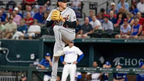 CORRECTS TO THURSDAY, NOT WEDNESDAY AS ORIGINALLY SENT - Detroit Tigers pitcher Reese Olson (45) delivers a pitch in the bottom of the second inning in a baseball game against the Texas Rangers in Arlington, Texas, Thursday, June 29, 2023. (AP Photo/Emil T. Lippe)