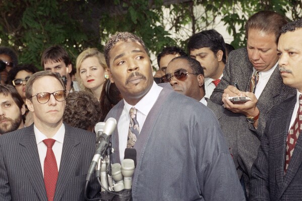 FILE - In this May 1, 1992 file photo, Rodney King speaks during a news conference in Los Angeles pleading for the end to the rioting and looting that has plagued the city following the verdicts in the trial against four Los Angeles Police officers accused of beating him. It was King's first public appearance in a year. (APPhoto/David Longstreath)
