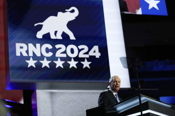 Sen. Ron Johnson, R-WI, speaks during the Republican National Convention Monday, July 15, 2024, in Milwaukee. (AP Photo/Nam Y. Huh)