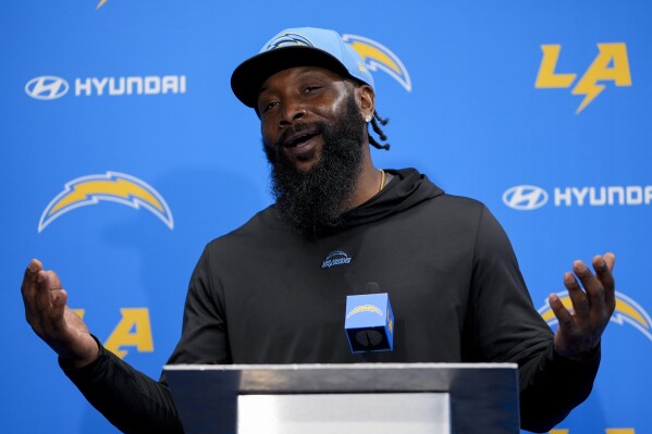 Los Angeles Chargers linebackers coach NaVorro Bowman speaks during a news conference after an NFL football organized team activity Monday, May 20, 2024, in Costa Mesa, Calif. (AP Photo/Ryan Sun)