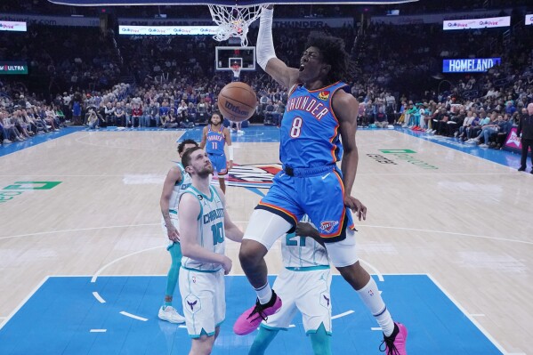 FILE - Oklahoma City Thunder forward Jalen Williams (8) dunks in front of Charlotte Hornets' guard Svi Mykhailiuk (10) in the first half of an NBA basketball game, March 28, 2023, in Oklahoma City. The Oklahoma City Council voted Tuesday, Sept. 26, to set a Dec. 12 citywide vote on a proposed 1% sales tax for six years that would fund a new $900 million downtown arena and keep the NBA's Thunder in the city through at least 2050. (AP Photo/Sue Ogrocki, File)