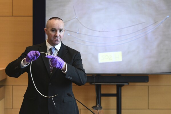 Connecticut State Police Sgt. Kevin Duggan shows a blood-like stain found on a zip tie seized from a trash can on Albany Avenue in Hartford as he testifies on day eight of Michelle Troconis' criminal trial at Connecticut Superior Court in Stamford, Conn. Tuesday, Jan. 23, 2024. Troconis is on trial for charges related to the disappearance and death of New Canaan resident Jennifer Dulos. (Tyler Sizemore/Hearst Connecticut Media via AP)