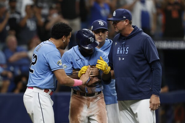 Tampa Bay Rays' Randy Arozarena reacts after hitting a double against the  New York Yankees during the third inning of a baseball game Saturday, Aug.  26, 2023 in St. Petersburg, Fla. (AP
