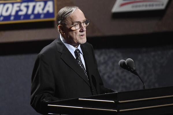 FILE - Inductee Rick Adelman speaks during the 2021 Basketball Hall of Fame Enshrinement ceremony, Sept. 11, 2021, in Springfield, Mass. Adelman was announced Sunday, June 4, 2023, as the 18th recipient of the Chuck Daly Lifetime Achievement Award, presented by the National Basketball Coaches Association. (AP Photo/Jessica Hill, File)