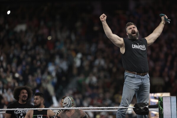 Eagles Jason Kelce appears in the ring during WrestleMania at Lincoln Financial Field in Philadelphia on Saturday, April 6, 2024. (Elizabeth Robertson/The Philadelphia Inquirer via AP)