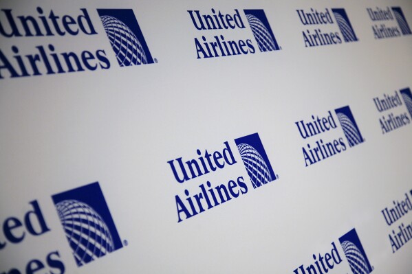 FILE - The new logo for United Airlines is shown during a news conference in New York, Monday, May 3, 2010. United Airlines says a flight heading from San Francisco to Boston had to be diverted Monday, Feb. 19, 2024, after the plane suffered damage to one of its wings. (AP Photo/Mark Lennihan, File)