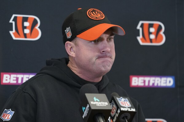 Cincinnati Bengals head coach Zac Taylor speaks during a news conference following an NFL football game against the Kansas City Chiefs Sunday, Dec. 31, 2023, in Kansas City, Mo. The Chiefs won 25-017 to clinch the AFC West. (AP Photo/Ed Zurga)