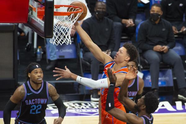 Oklahoma City Thunder center Isaiah Roby (22) drives to the basket against the Sacramento Kings during the first quarter of an NBA basketball game in Sacramento, Calif., Tuesday, May 11, 2021. (AP Photo/Randall Benton)
