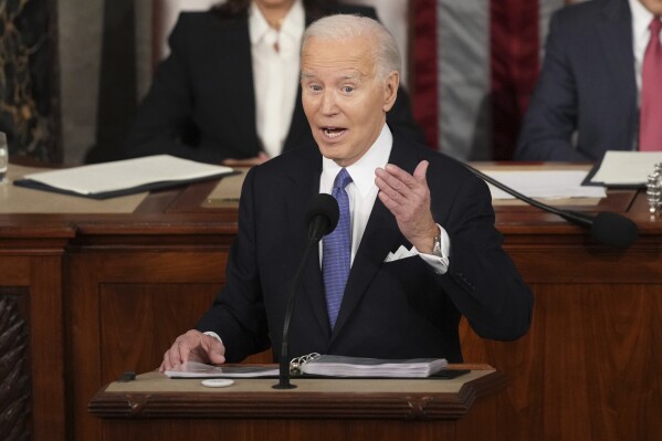 President Joe Biden delivers the State of the Union address to a joint session of Congress at the U.S. Capitol, Thursday March 7, 2024, in Washington. (AP Photo/Andrew Harnik)