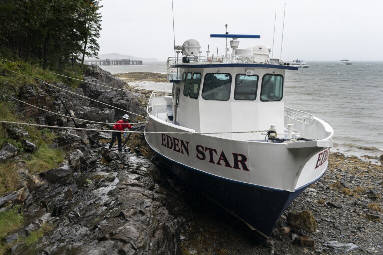 A worker prepares to promote off diesel gasoline from the Eden Megastar, a 70-foot tour boat that broke freed from its mooring all one of many most life like ways by storm Lee, Saturday, Sept. 16, 2023, in Bar Harbor, Maine, (AP Portray/Robert F. Bukaty)