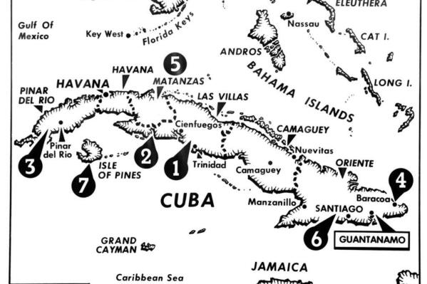 An April 17, 1961 map showing the locations of invading forces.  Fidel Castro said one invasion force, apparently the main one, struck in southern part of Las Villas Province (1).  Another force was reported ashore at the edge of southern Matanzas Province in Cochinas Bay area (2).  Western Pinar Del Rio Province (3) was scene of another reported force.  Washington exile forces said another force had landed at Baracoa (4), northeast of Santiago.  NBC quoted a Cuban exile spokesman as saying invasion operations were moving ahead favorably in Matanza Province (5), the Santiago area (6), with parachutists dropped on the Isle of Pines (7). (AP Photo)