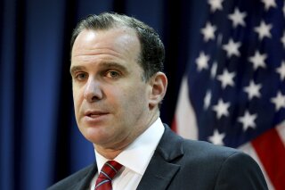 
              FILE - In this June 7, 2017 file photo, Brett McGurk, the U.S. envoy for the global coalition against IS, speaks during a news conference at the U.S. Embassy Baghdad, Iraq.  McGurk h...