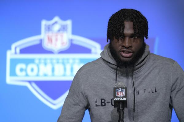 Alabama linebacker Will Anderson speaks during a press conference at the NFL football scouting combine in Indianapolis, Wednesday, March 1, 2023. (AP Photo/Michael Conroy)