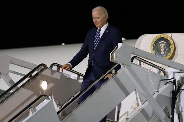 President Joe Biden arrives on Air Force One at Delaware Air National Guard Base in New Castle, Del., Thursday, Oct. 27, 2022. AP Photo/Manuel Balce Ceneta)