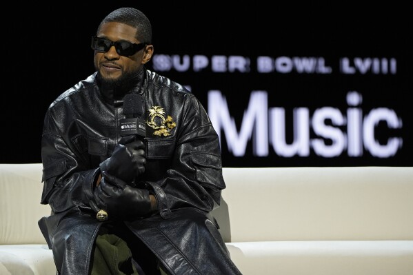 Usher speaks during a news conference ahead of the Super Bowl 58 NFL football game Thursday, Feb. 8, 2024, in Las Vegas. Usher will perform during the Super Bowl halftime show. (APPhoto/John Locher)