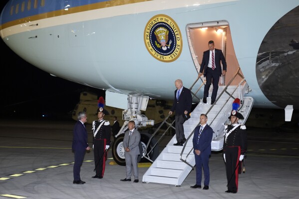 President Joe Biden arrives on Air Force One at Brindisi International Airport, Wednesday, June 12, 2024, in Brindisi, Italy. (AP Photo/Alex Brandon)