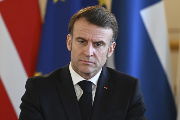 France's President Emmanuel Macron at the European leaders' summit to discuss Ukraine, hosted by Britain's Prime Minister Keir Starmer, at Lancaster House, London, Sunday March 2, 2025. (Justin Tallis/Pool via AP)