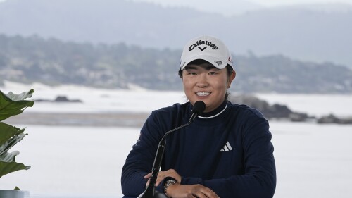 CORRECTS DAY AND DATE - Rose Zhang responds to a question during a news conference before the U.S. Women's Open golf tournament at the Pebble Beach Golf Links, Tuesday, July 4, 2023, in Pebble Beach, Calif. (AP Photo/Darron Cummings)