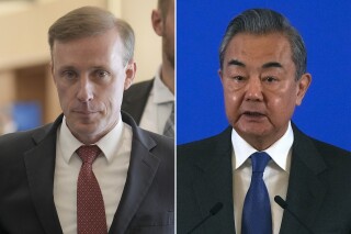 FILE - This combination of photos shows U.S. National Security Advisor Jake Sullivan, left, in Davos, Switzerland, on Jan. 16, 2024 and Chinese Foreign Minister Wang Yi in Beijing, on Jan. 9, 2024. China sent more than 30 warplanes and a group of navy ships toward Taiwan, the island’s defense ministry said Saturday, Jan. 27, 2024. The military pressure comes on the heels of an announcement that senior American and Chinese representatives were expected to meet in the Thai capital as the two countries seek to cool tensions. (AP Photo, File)