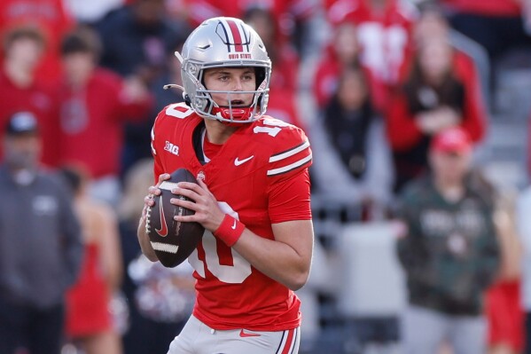 Ohio State quarterback Julian Sayin plays against Purdue during an NCAA college football game Saturday, Nov. 9, 2024, in Columbus, Ohio. (AP Photo/Jay LaPrete, File)