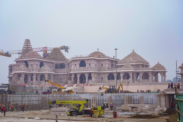 FILE- A construction crew works on Ram Mandir, a Hindu temple dedicated to Lord Ram in Ayodhya, India, Tuesday, Jan. 16, 2024. Three decades after Hindu mobs tore down a historical mosque, Indian Prime Minister Narendra Modi will attend the consecration of a grand Hindu temple at the same site on Monday in a political move to boost his party ahead of a crucial national vote. (AP Photo/Deepak Sharma, File)