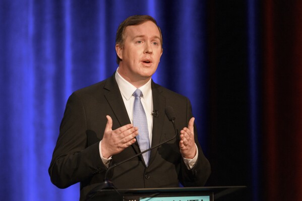 FILE - Brian Jack speaks at the Congressional District 3 Republican Debate held by the Atlanta Press Club on Sunday, April 28, 2024, in Atlanta. Jack, who is endorsed by President Donald Trump, is one of five Republicans seeking the nomination in the May 21, 2024 primary in a heavily Republican district where the incumbent is stepping down. (AP Photo/Jason Allen, File)