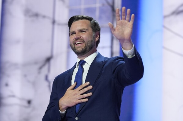 Republican vice presidential candidate Sen. JD Vance, R-Ohio, arrives to speak on third day of the Republican National Convention at the Fiserv Forum, Wednesday, July 17, 2024, in Milwaukee. (AP Photo/Evan Vucci)