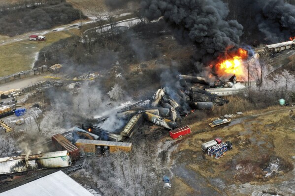 FILE - In this photo taken with a drone, portions of a Norfolk Southern freight train that derailed the previous night in East Palestine, Ohio, remain on fire at mid-day, Feb. 4, 2023. (AP Photo/Gene J. Puskar, File)