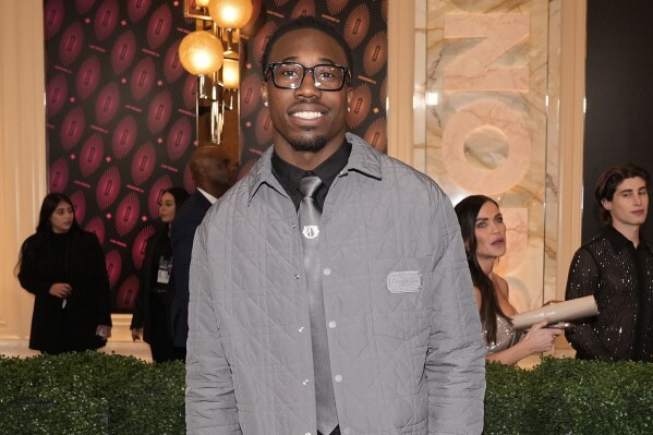 Joey Porter Jr. of the Pittsburgh Steelers poses on the red carpet at the NFL Honors award show ahead of the Super Bowl 58 football game Thursday, Feb. 8, 2024, in Las Vegas. (AP Photo/Godofredo A. Vásquez)