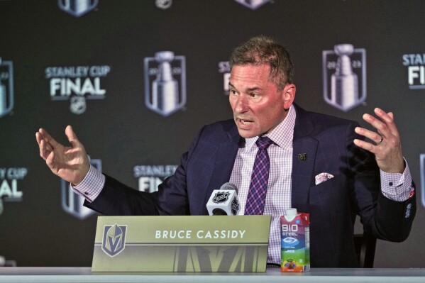 Vegas Golden Knights head coach Bruce Cassidy speaks during a news conference after Game 4 of the NHL hockey Stanley Cup Finals, Saturday, June 10, 2023, in Sunrise, Fla. The Golden Knights defeated the Florida Panthers 3-2. (AP Photo/Wilfredo Lee)