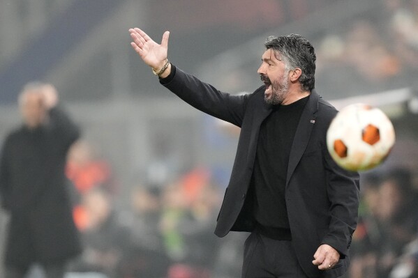 FILE - Marseille's head coach Gennaro Gattuso gestures to his players during the Europa League League play-off first leg soccer match between Shakhtar Donetsk and Olympique Marseille at Volksparkstadion in Hamburg, on Feb. 15, 2024. Gattuso has been fired by the French league club, a person with direct knowledge of the decision told The Associated Press on Monday Feb. 19, 2024. (AP Photo/Martin Meissner, File)