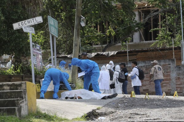 The body of Fernando García Fernández, the representative of Mexico's Attorney General's office in the southern state of Guerrero, lies covered by a white cloth, as a forensics team investigates the crime scene, in Chilpancingo, Mexico, Tuesday, Sept. 12, 2023. Gunmen killed García Fernández on Tuesday, according to authorities. (AP Photo/Alejandrino Gonzalez)