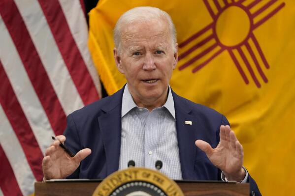 President Joe Biden speaks during a briefing on the New Mexico wildfires at the New Mexico State Emergency Operations Center, Saturday, June 11, 2022, in Santa Fe, N.M. (AP Photo/Evan Vucci)