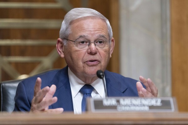 FILE - Sen. Bob Menendez, D-N.J., chair of the Senate Foreign Relations Committee speaks during Senate Foreign Relations Committee hearing on the budget request for the State Department for fiscal year 2024, on Capitol Hill, March 22, 2023, in Washington. Rep. Andy Kim of New Jersey announced on Saturday that he will run against Sen. Robert Menendez in the state’s Democratic primary for Senate next year, saying he feels compelled to run against the three-term senator after he and his wife were indicted on sweeping corruption charges. (AP Photo/Jose Luis Magana, File)