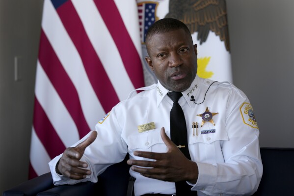 Chicago Police Superintendent Larry Snelling responds to a question during an interview with The Associated Press Tuesday, Oct. 17, 2023, in Chicago. Snelling says the city’s use of police stations as temporary housing for the growing population of migrants seeking asylum has been a "burden" on the nation’s second-largest police department. One of his main concerns with the housing plan is officer well-being. (AP Photo/Charles Rex Arbogast)