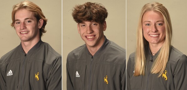 This photo combo provided by University of Wyoming shows members of the University of Wyoming swimming and diving team, from left, Luke Slabber, Charlie Clark and Carson Muir. Slabber, Clark and Muir were killed in a highway crash in northern Colorado on Thursday, Feb. 22, 2024. The crash injured two other team members who were expected to survive, according to a University of Wyoming statement. (University of Wyoming via AP)