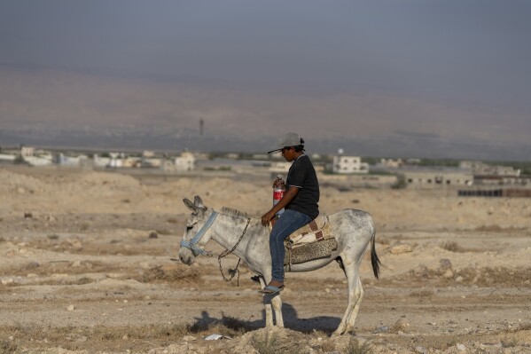 A Palestinian boy rides a donkey through dry land in the northern Jordan Valley, West Bank, Friday, Aug. 11, 2023. In the occupied West Bank, where Israeli water pipes don’t reach, Palestinians say they can't get enough water to irrigate their farms. By comparison, the neighboring Jewish settlements look like an oasis with swimming pools. (AP Photo/Ohad Zwigenberg)