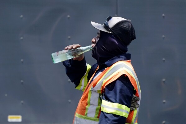 FILE - Standing in the mid-afternoon heat, a worker takes a break to drink during a parking lot asphalt resurfacing job in Richardson, Texas, June 20, 2023. While unrelenting heat set in across Texas this summer, opponents of a sweeping new law targeting local regulations took to the airwaves and internet with an alarming message: outdoor workers would be banned from taking water breaks. Workers would die, experts and advocates said, with high temperatures topping 100 degrees Fahrenheit (38 degrees Celsius) and staying there for much of the past two months. (AP Photo/LM Otero, File)