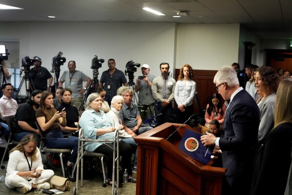 Los Angeles County District Attorney George Gascon, talks during a news conference at the Hall of Justice on Thursday, Oct. 24, 2024, in Los Angeles. (AP Photo/Damian Dovarganes)