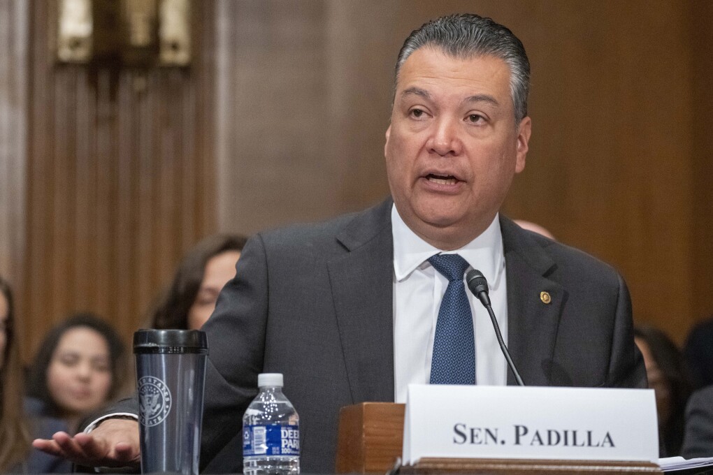 FILE - Sen. Alex Padilla, D-Calif., speaks during a hearing on April 20, 2023, in Washington. Padilla is taking practically every opportunity to put his stamp on the Democratic Party's approach to immigration. The son of Mexican immigrants and the first Latino to represent his state in the Senate, he has emerged as a persistent force at a time when Democrats are increasingly focused on border security and the country's posture toward immigrants is uncertain. (AP Photo/Alex Brandon, File)