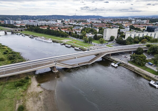 Parts of the Carola Bridge over the Elbe have collapsed in Dresden, Germany, Wednesday, Sept. 11, 2024. (Robert Michael/dpa via AP, File)